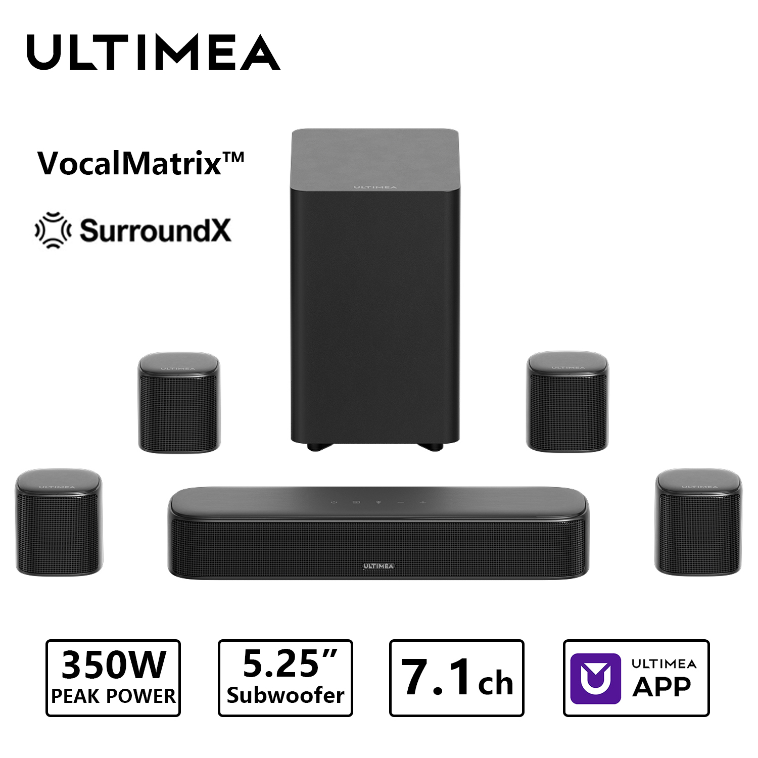 Barra de Sonido ULTIMEA de 350W, Sonido Envolvente Virtual 7.1, Subwoofer y 4 Altavoces Envolventes