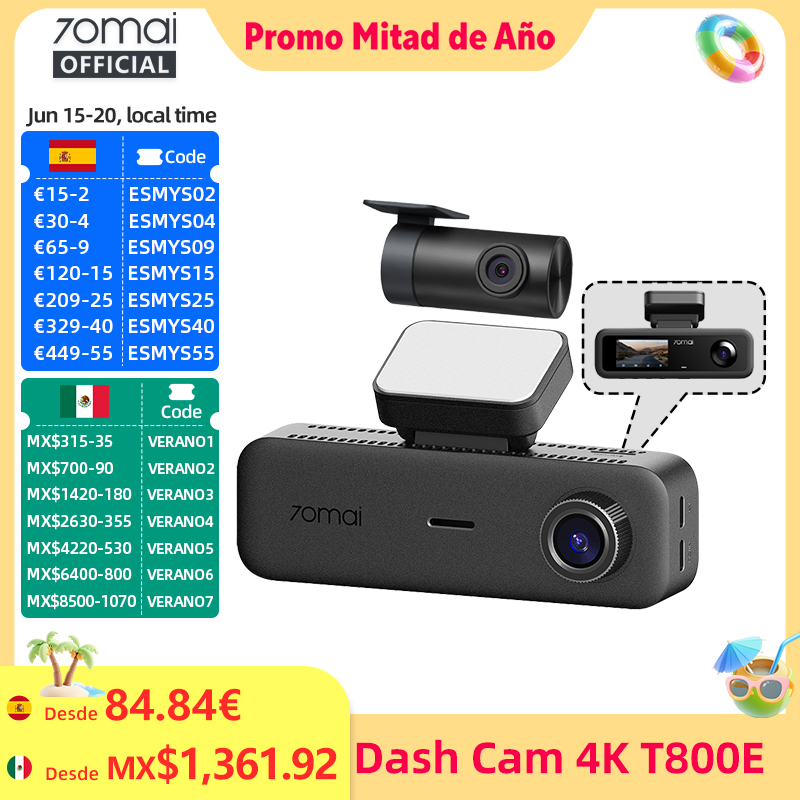 70mai T800E Frontal 4K + Trasero + Interior HDR, Supercondensador, Estacionamiento 24H, GPS, WiFi 6