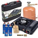 Camping Gas Portatil con adaptador de Bombona + 4 Cartuchos, Pack Hornillo + 4 Cartuchos, Hornillo