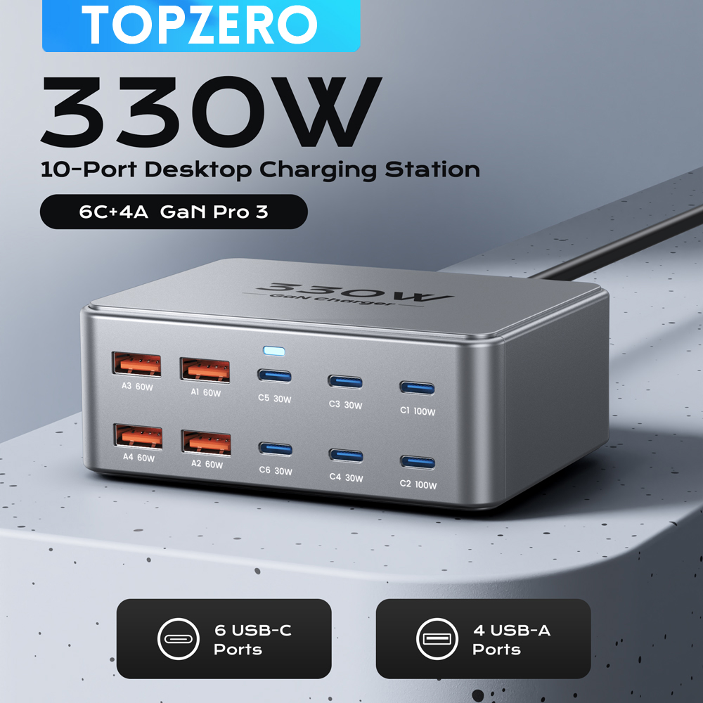 Cargador USB C GaN de 330W, estación de carga rápida multipuerto de 100W PD3.0 PPS QC3.0