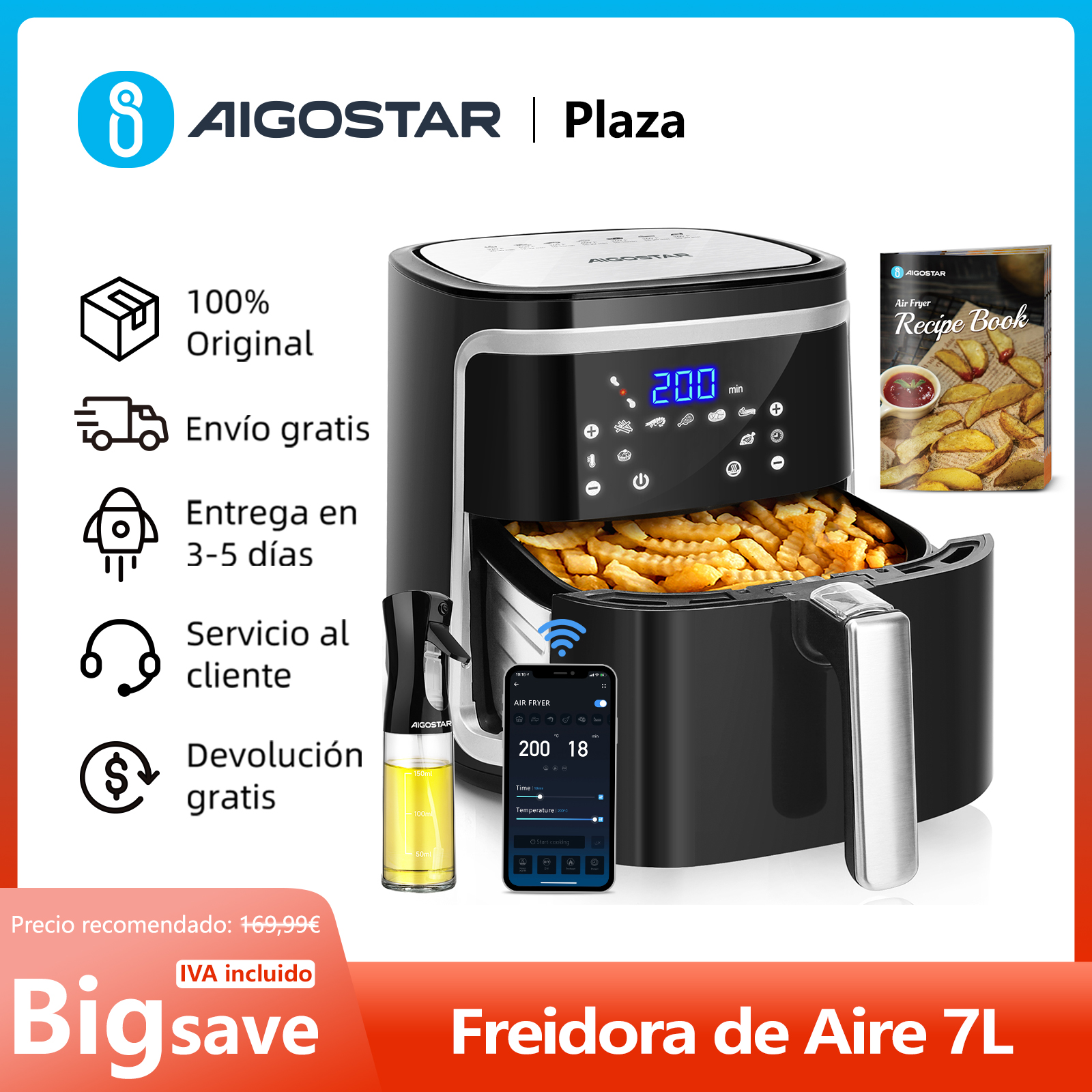 Freidora de Aire Aigostar, 7L, Pantalla LED Táctil, 7 Funciones, Cesta Antiadherente, Wifi, 1900W