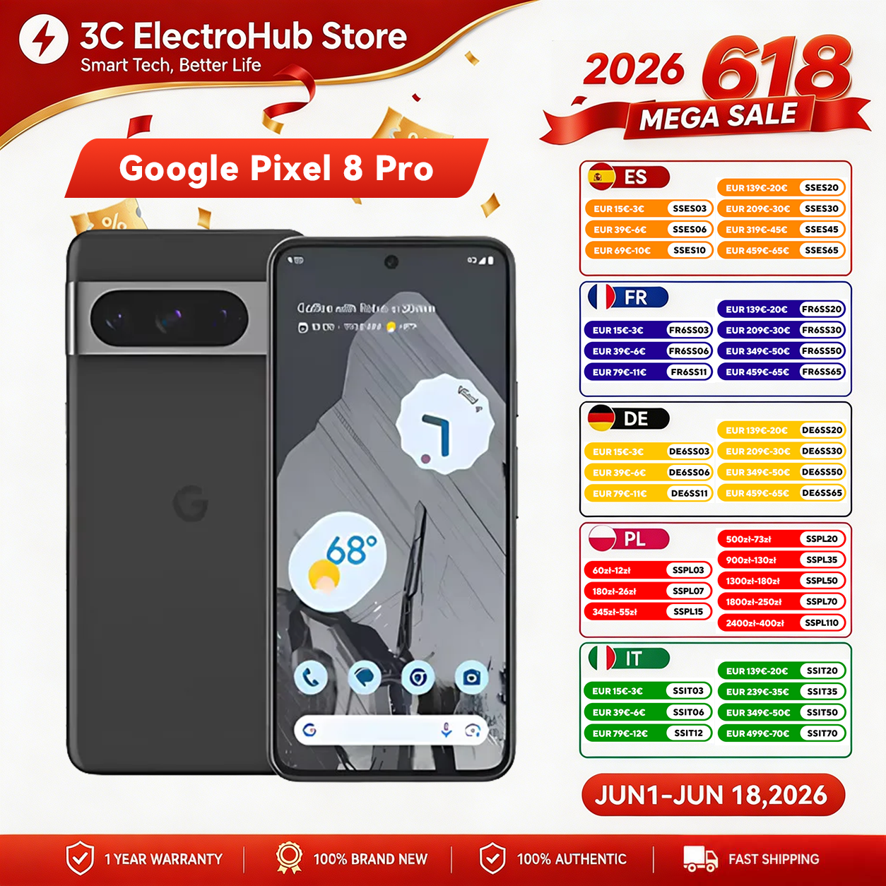 Google Pixel 8 Pro, Tensor G3, 6,7, 50 MP y 48 MP, OLED 120Hz, IP68/resistente al agua, 5050 mAh