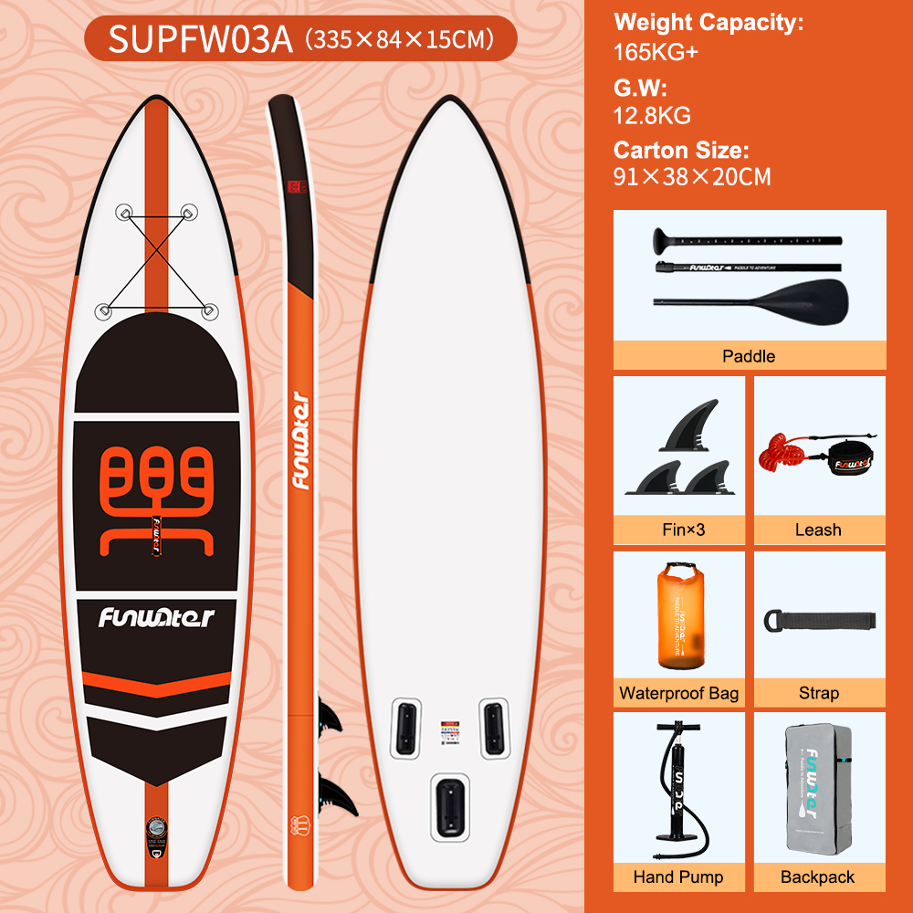 Tabla de Paddle Surf Inflable Funwater de 11' (335 cm), Diseño Deportivo Naranja, con Kit