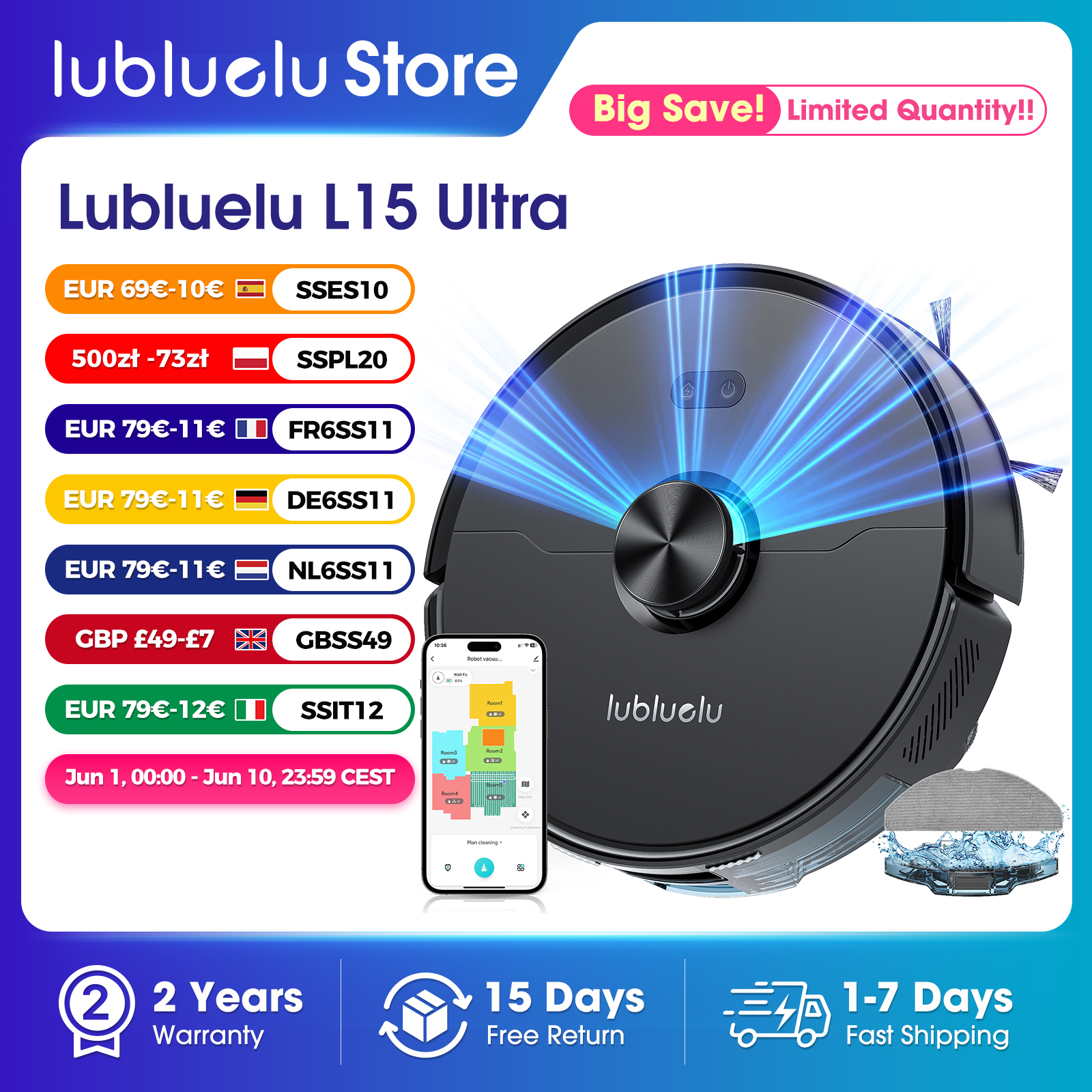 Lubluelu L15 con navegación LiDAR, succión de 5500Pa, carga automática, 24 zonas No-go