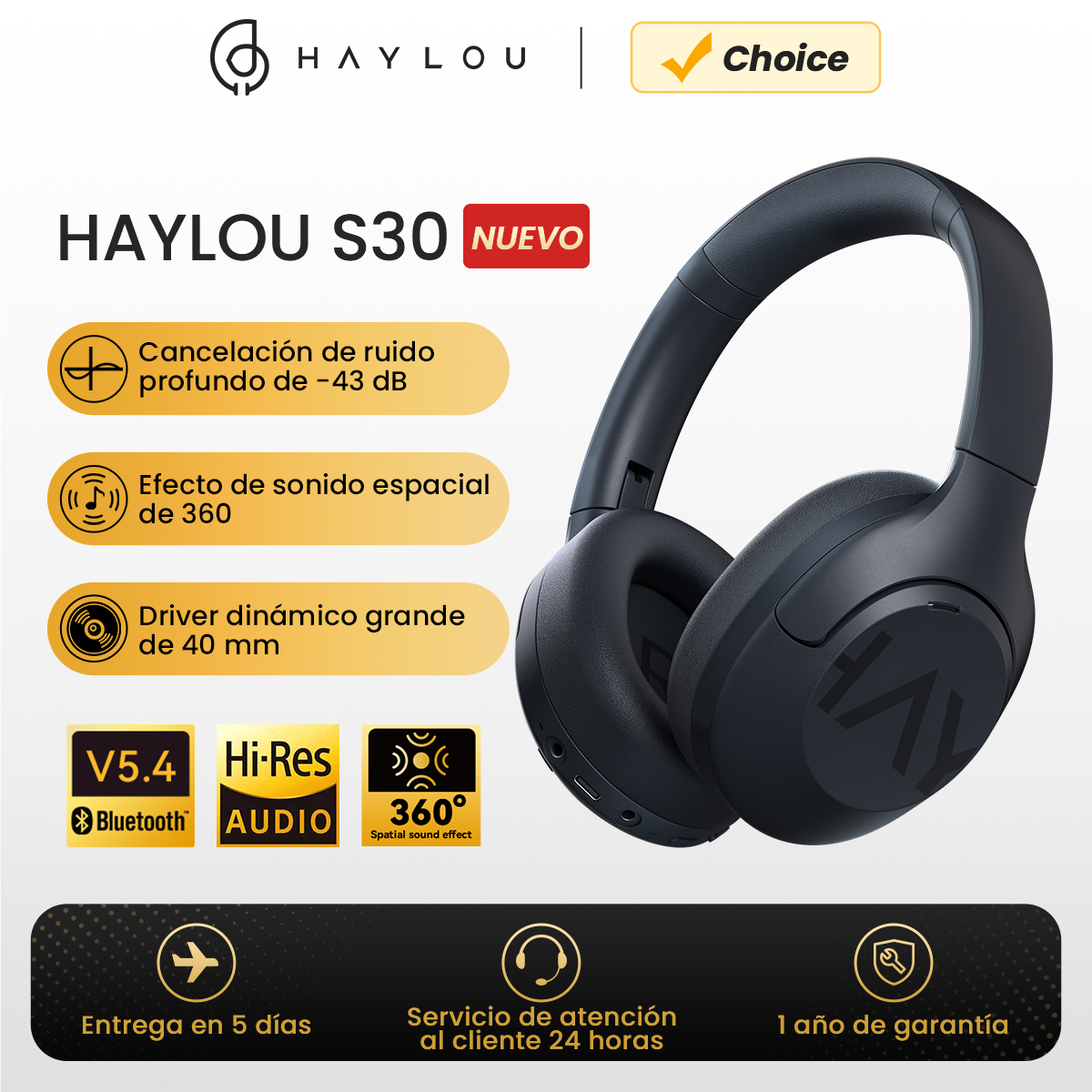 HAYLOU S30 con Bluetooth 5,4, 43dB con cancelación de ruido, controlador dinámico de 40mm y 80H