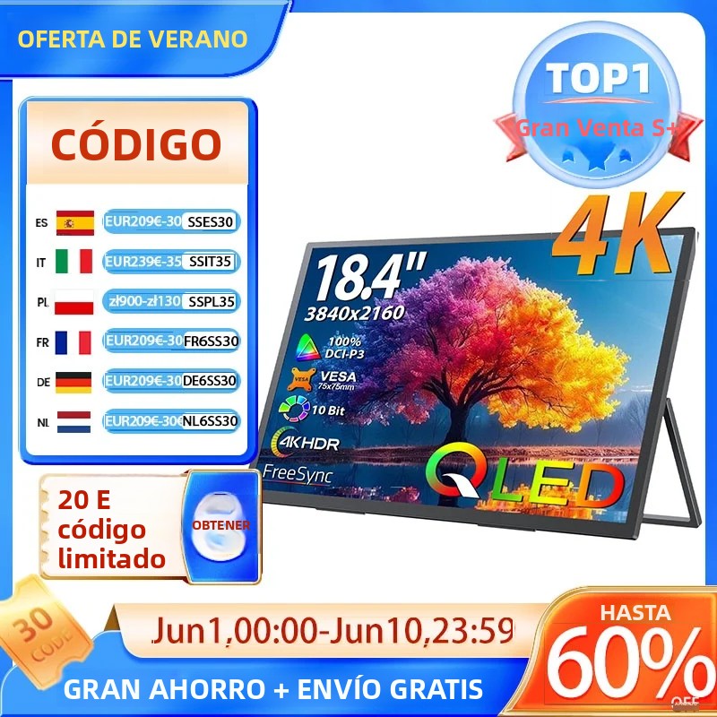UPERFECT 18.4" 4K QLED monitor portátil, FreeSync HDR ultra-delgada con VESA ajustar soporte