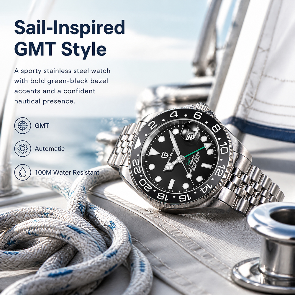 Reloj Automático Pagani Design GMT, Resistente al Agua 100M, de Buceo con Bisel de Acero Inoxidable