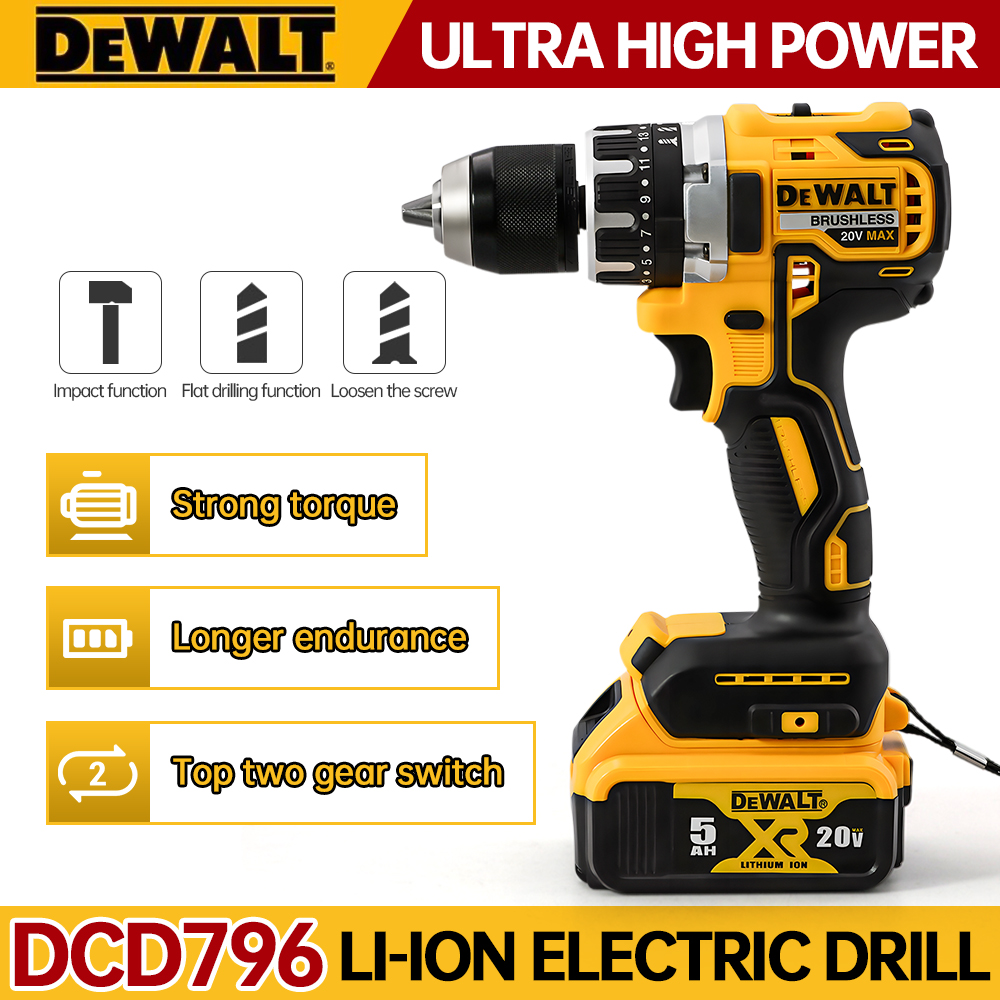 Taladro de impacto inalámbrico Dewalt DCD796 compacto sin escobillas Luz LED Potente Batería de 20 V