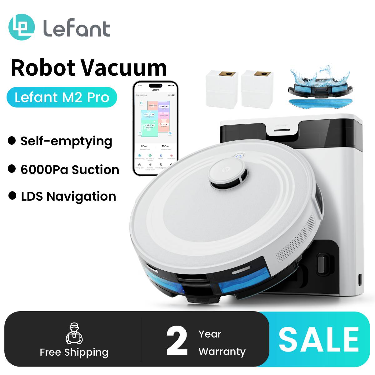 Robot aspirador Lefant M2 Pro con fregona, autovaciado, 6000Pa, navegación láser DTOF
