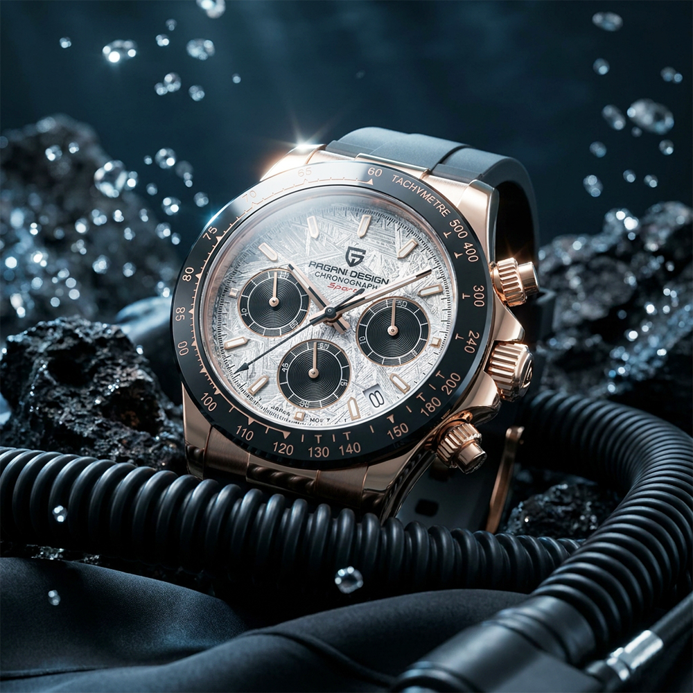 Reloj Cronógrafo Pagani, Oro Rosa, Esfera de Meteorito, Cristal de Zafiro, Resistente al Agua