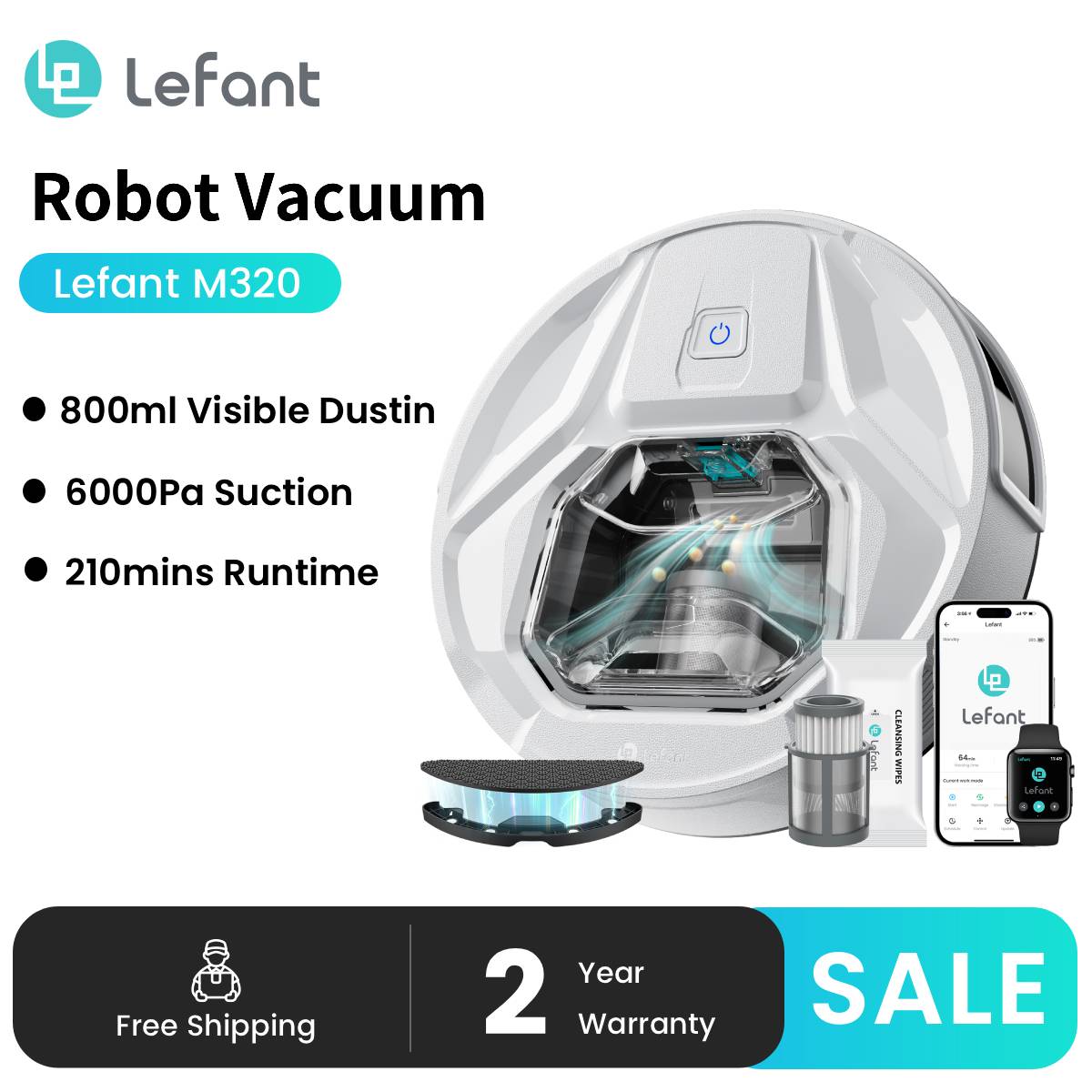 Lefant M320 6000Pa potente Robot aspirador de succión con fregona, tiempo de ejecución 210 minutos