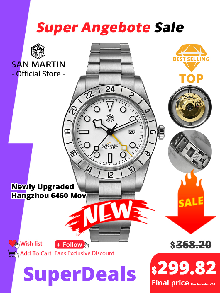 Reloj Automático San Martin GMT, 38.3mm BB Hangzhou 6460, Zafiro, Luminoso, Resistente al Agua 100m