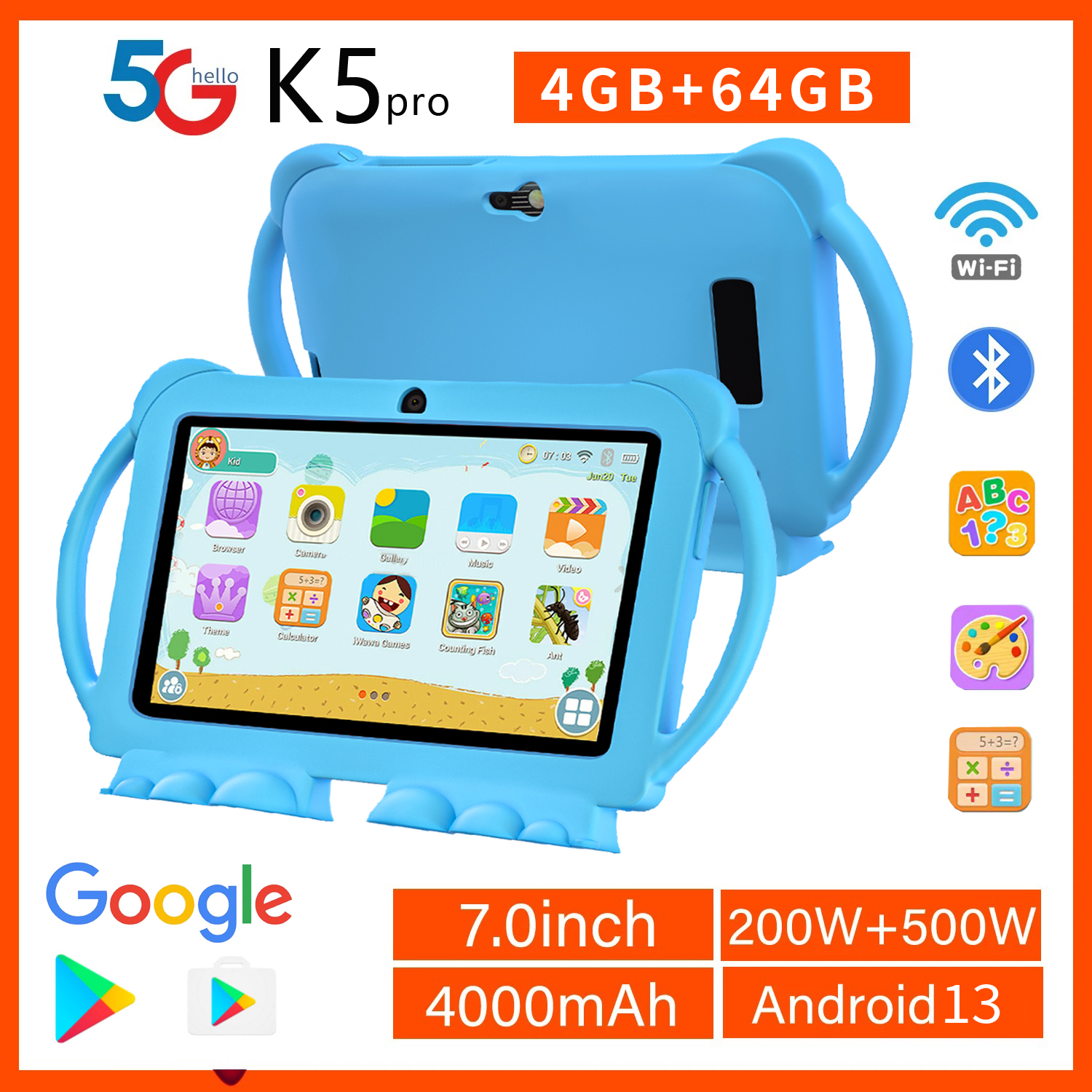 Tableta BDF K5 Pro de 7", WiFi 5G, Tableta Educativa con Google Learning, 4 GB de RAM, 64 GB de ROM