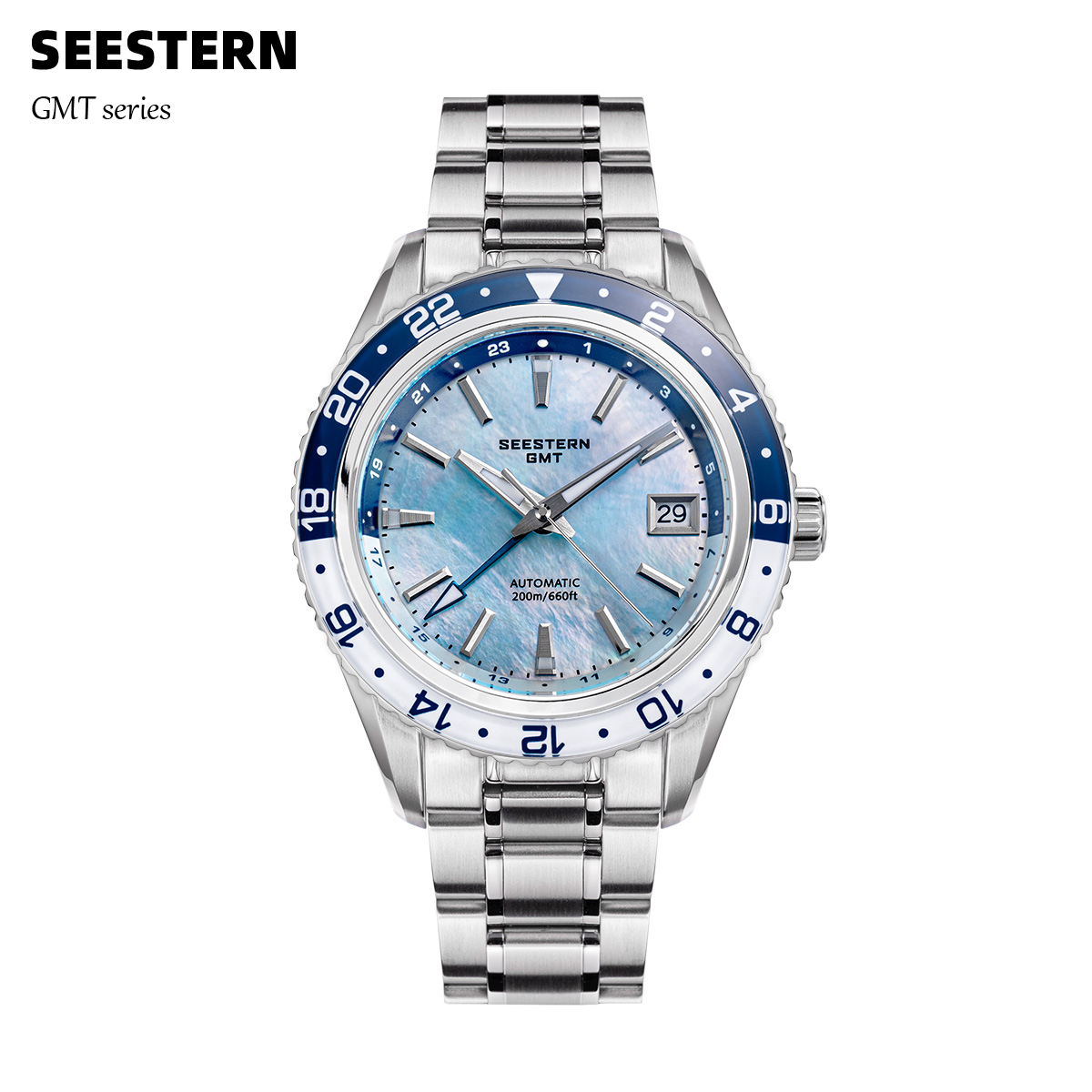Reloj mecánico automático SEESTERN GMT, bisel de cristal de zafiro, 20bar, resistente al agua