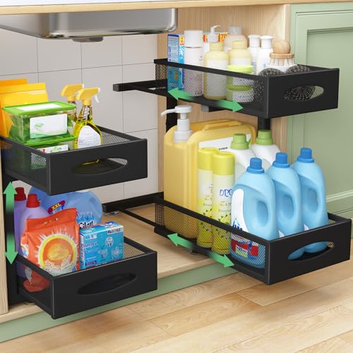 Kitstorack Organizador Bajo Fregadero de Metal - Estante con 2 Niveles y Cajones de Malla