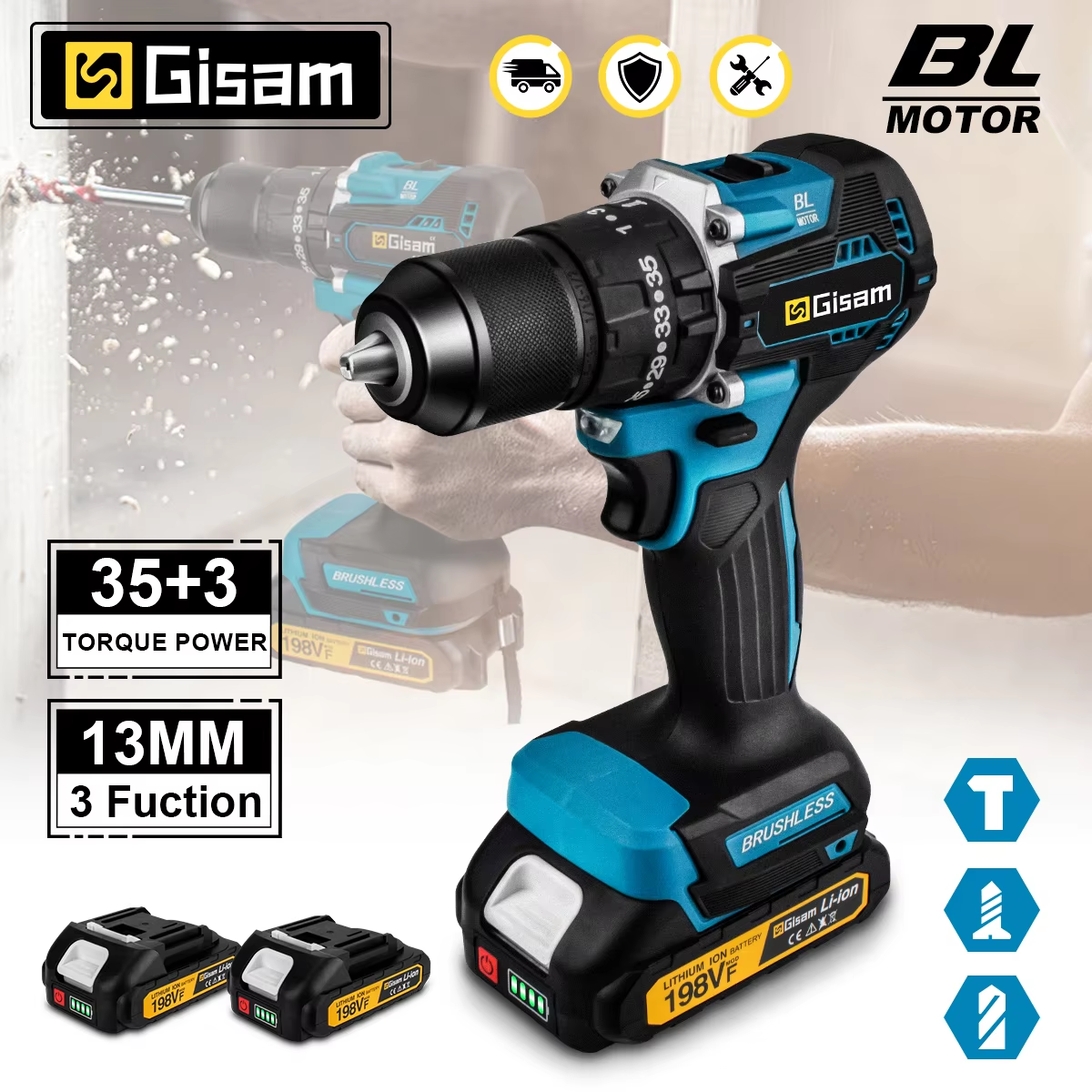 Taladro de impacto eléctrico sin escobillas Gisam 65N.m 13MM 35 + 3 Torque