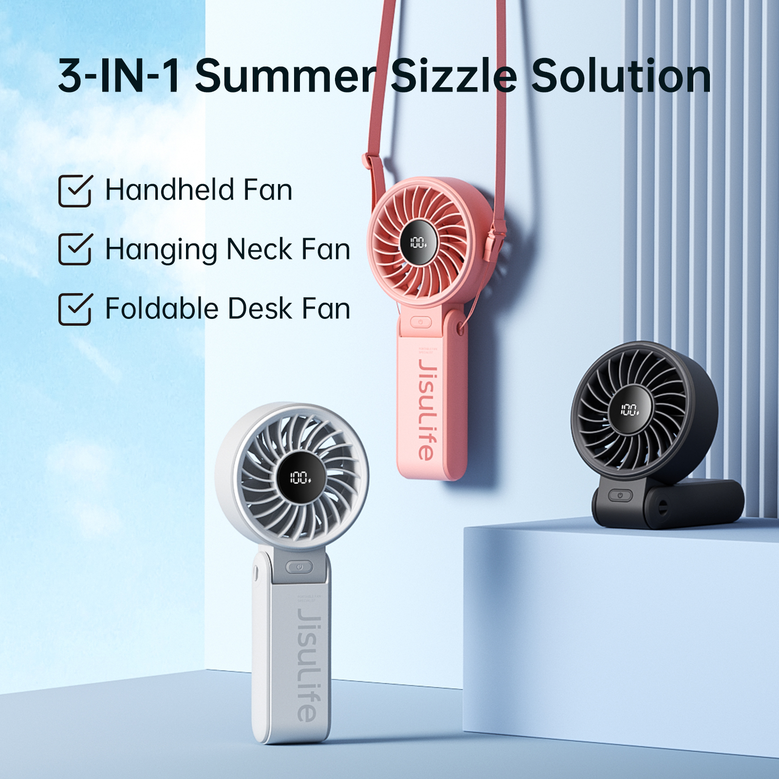 JISULIFE Ventilador portátil de mano con pantalla LED, 5 velocidades, 5000 mAh, 150 °