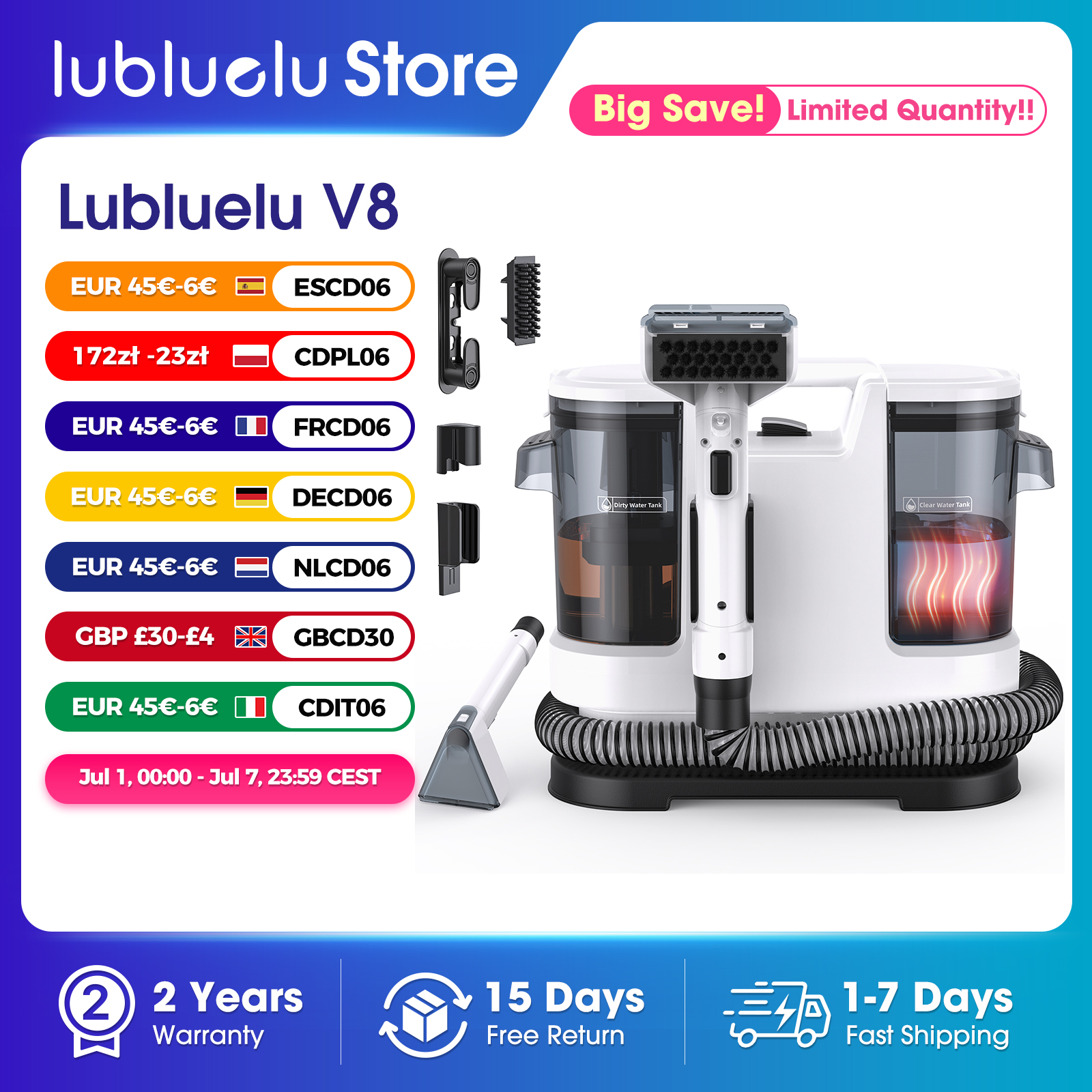 Lubluelu V8 800W Limpiador de alfombras de agua caliente 60°C limpieza profunda de las manchas 15kPa