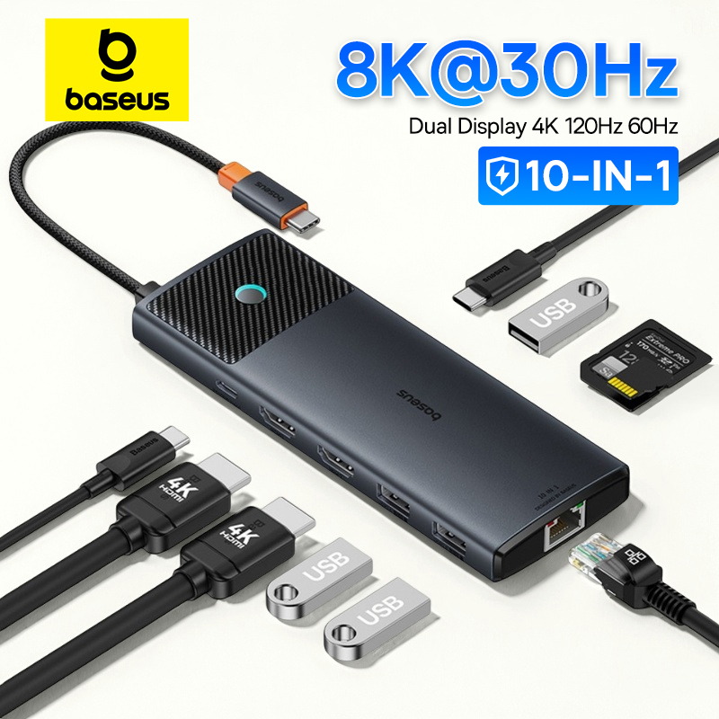 Baseus USB C HUB Dual HDMI 8K 4K adaptador 10-en-1 USB 3,2 10Gbps con RJ45 SD TF tipo C PD 100W