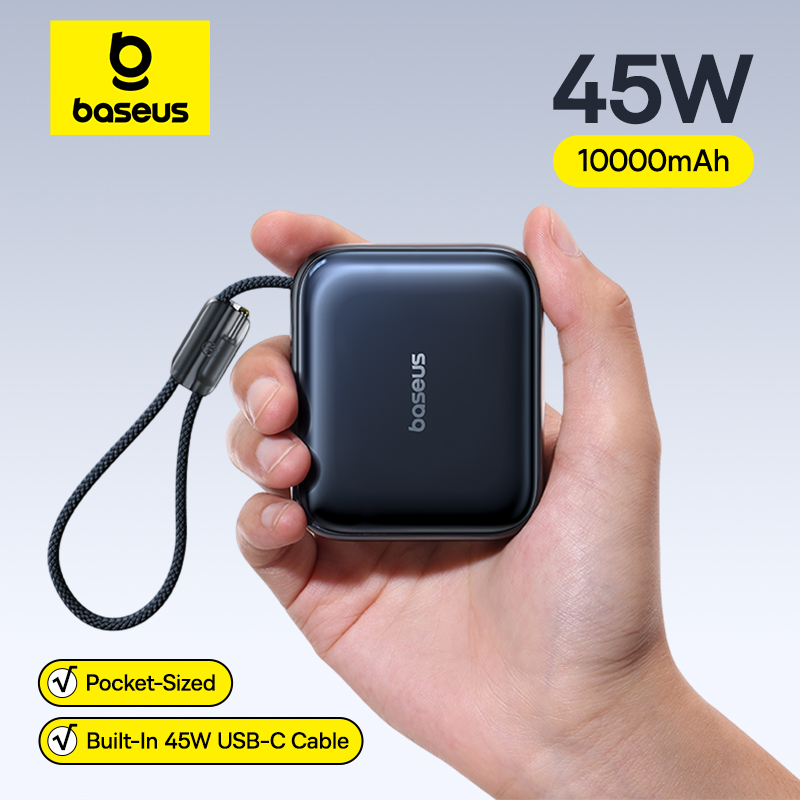 Baseus Mini Banco de Energía de 45W y 10000mAh con Cable USB-C Integrado, Tamaño de Bolsillo