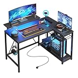 Bestier Escritorio en Forma de L con Tomas de Corriente y Luces LED, Escritorio Esquinero con