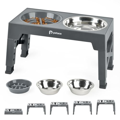 Petace Comedero Perro Elevado de 5 Alturas Ajustables, 2 X 1200ml. Bebedero de Acero