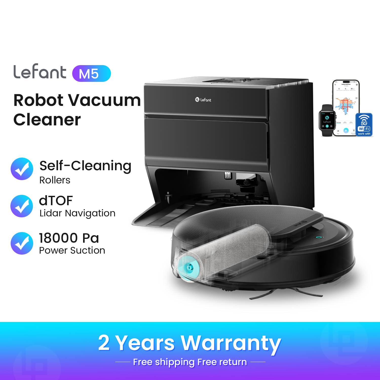 Robot aspirador completo Lefant M5 Roller con función de fregado, 18 000 Pa, rodillos autolimpiables