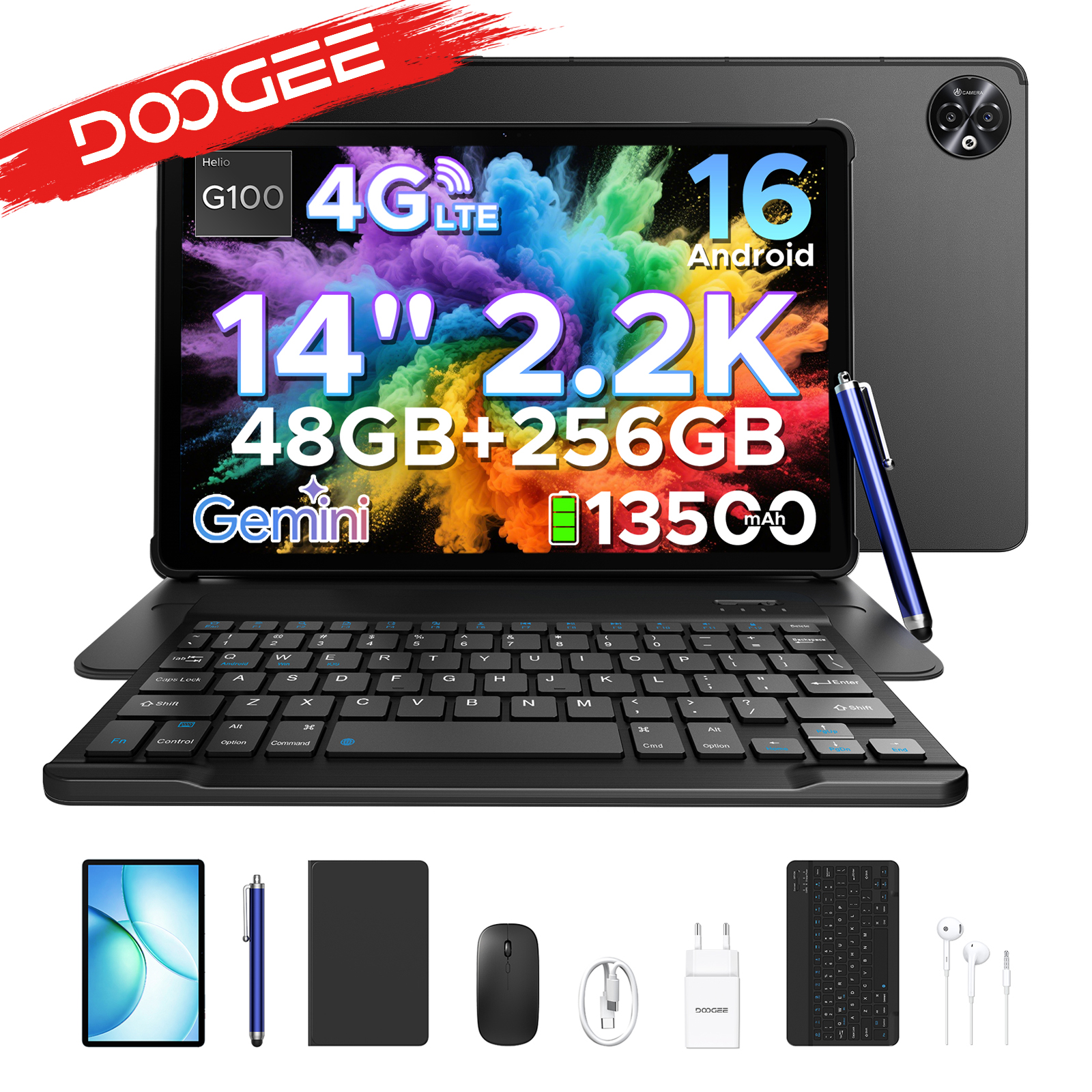 DOOGEE Tab E3 Max 2 en 1, 14 Pulgadas 2.2K, Batería de mAh, Android 16, 48GB + 256GB
