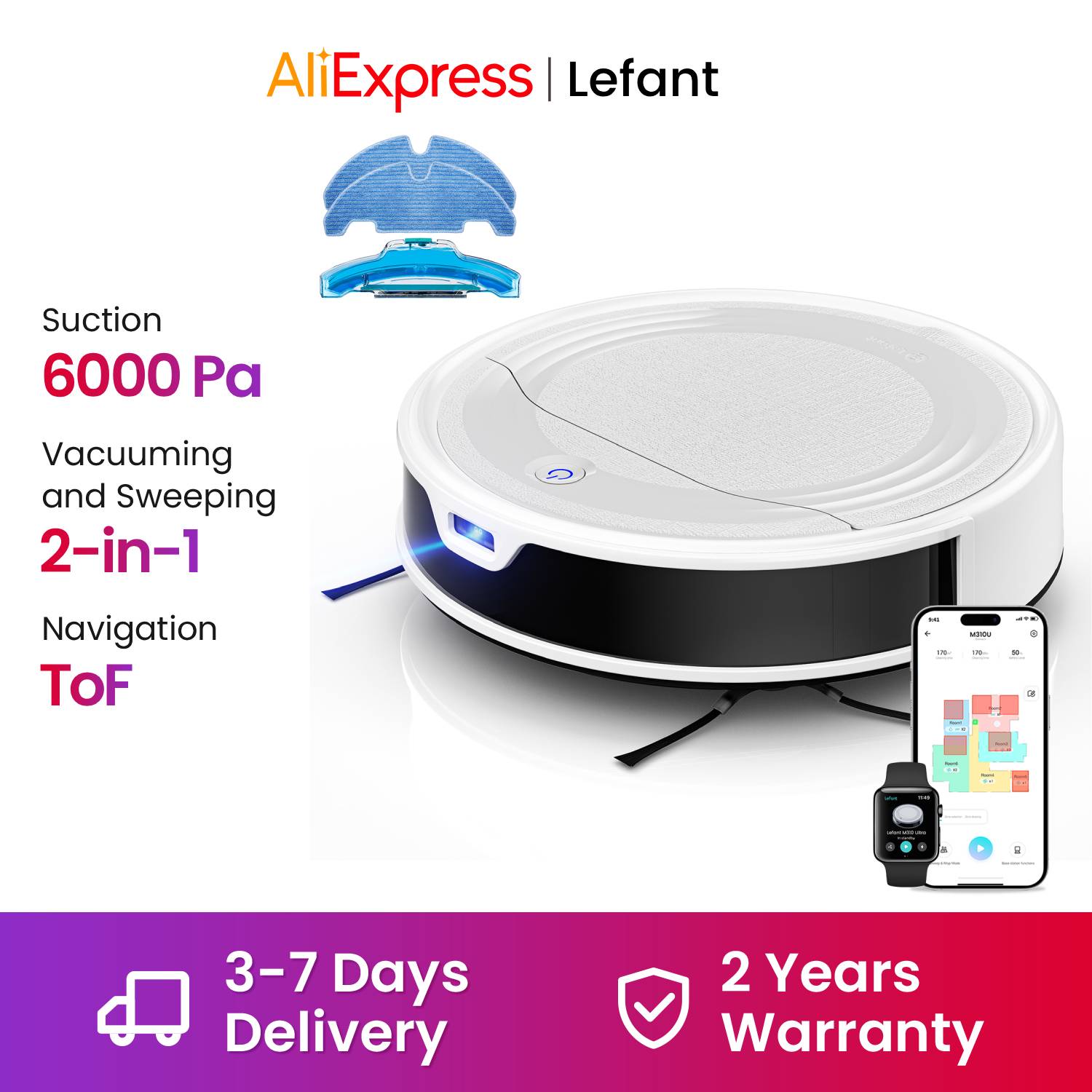 Robot Aspirador Lefant M310 Ultra con Mapeo, 6000Pa, Navegación ToF PSD 190 ° 170 Min