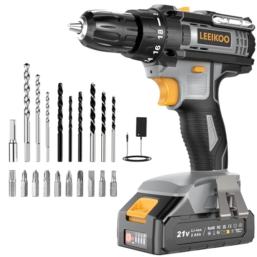 Taladro Atornillador LEEIKOO 21V, 42N.m con Baterías 2.0Ah, 18+1 Ajuste de Par, 2 Velocidad, LED Luz