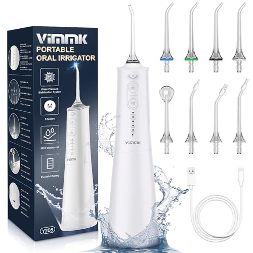 Irrigador Bucal Portatil, Vimmk Irrigador Dental Inalámbrico Profesional 8 Boquillas 5 Modos