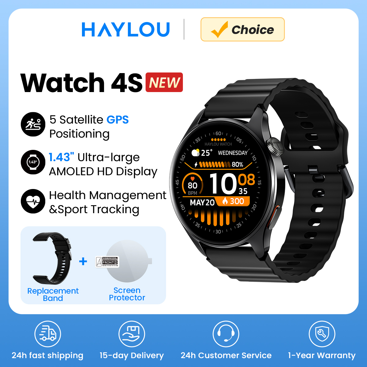 HAYLOU Watch 4S con GPS por 5 Satélites, Pantalla AMOLED HD de 1.43”, 120 Modos de Entrenamiento