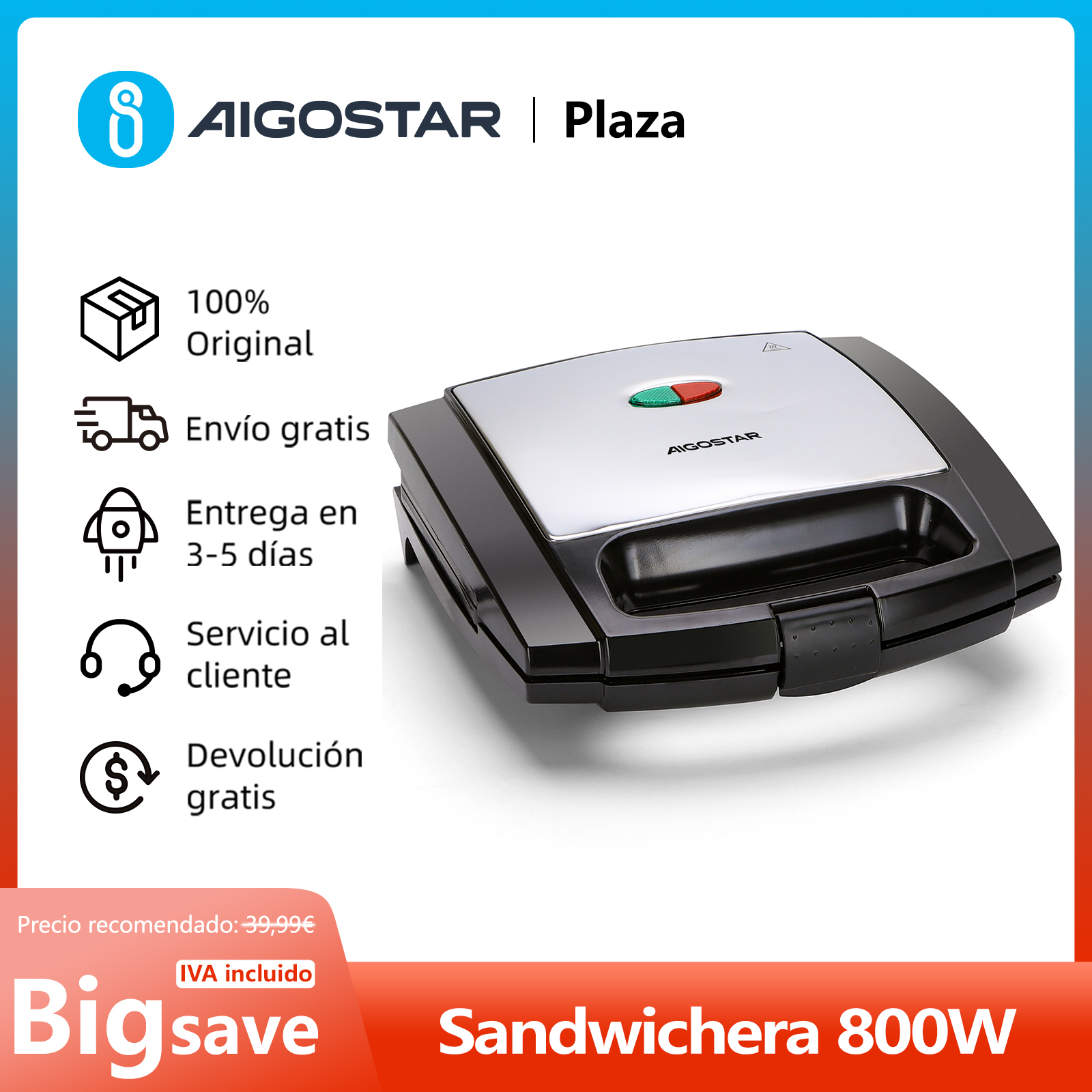 Sandwichera Antiadherente, Indicador LED, Asa de Tacto Frío, Vertical, 800W, Libre de BPA