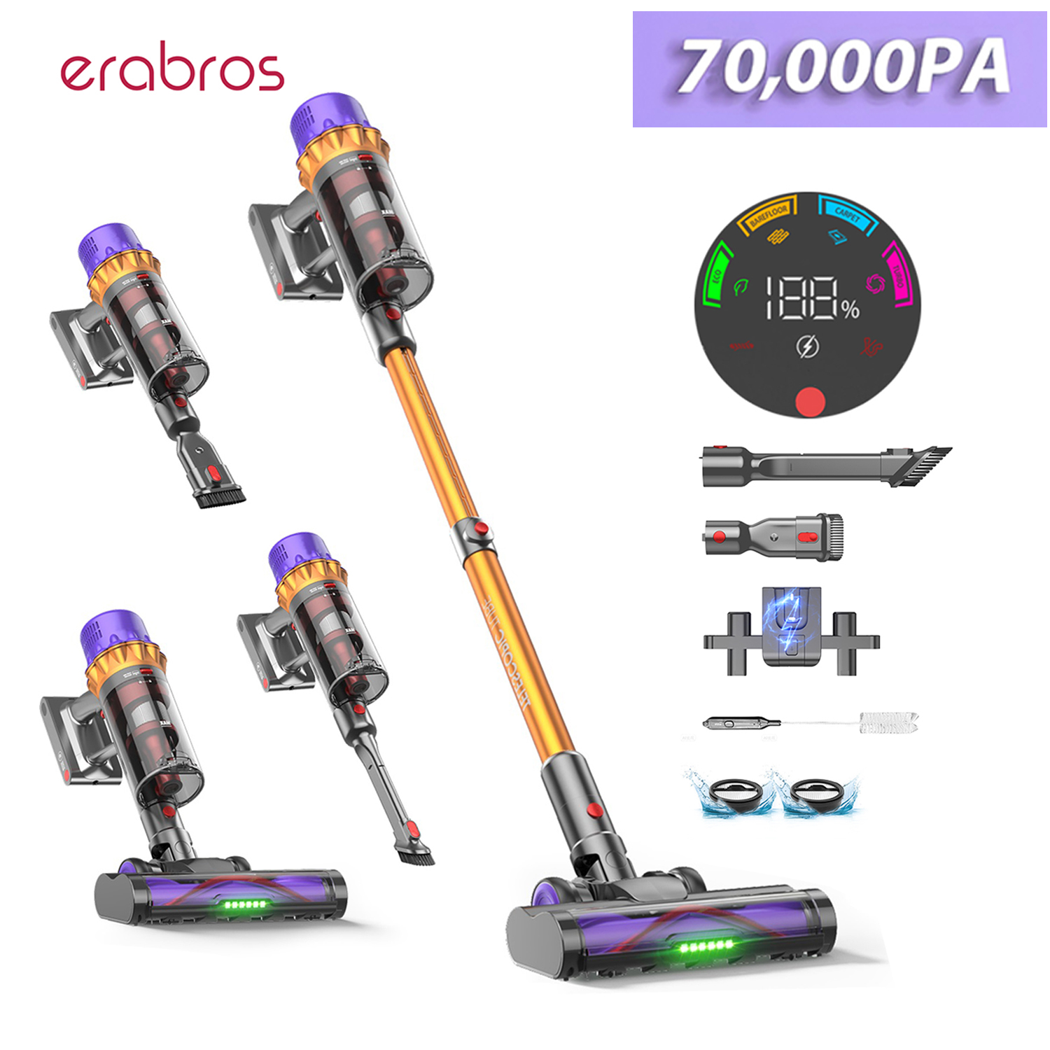 Aspiradora inalámbrica Erabros EV5, motor 550W, succión 70kPa, batería de 80 minutos, pantalla LED