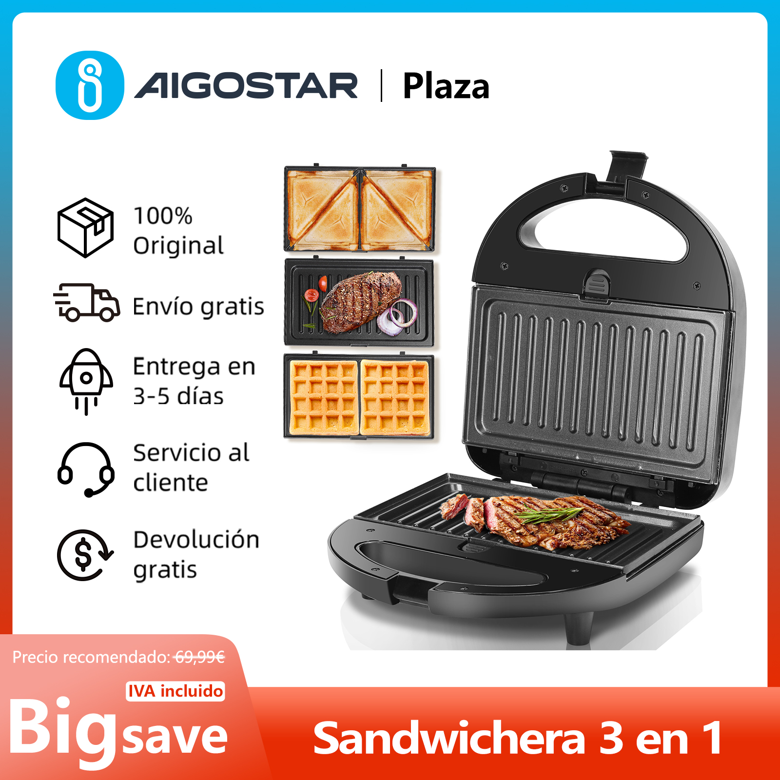 Sandwichera 3 en 1: Eléctrica, Grill y Gofrera, Placas Desmontables Antiadherentes e Intercambiables