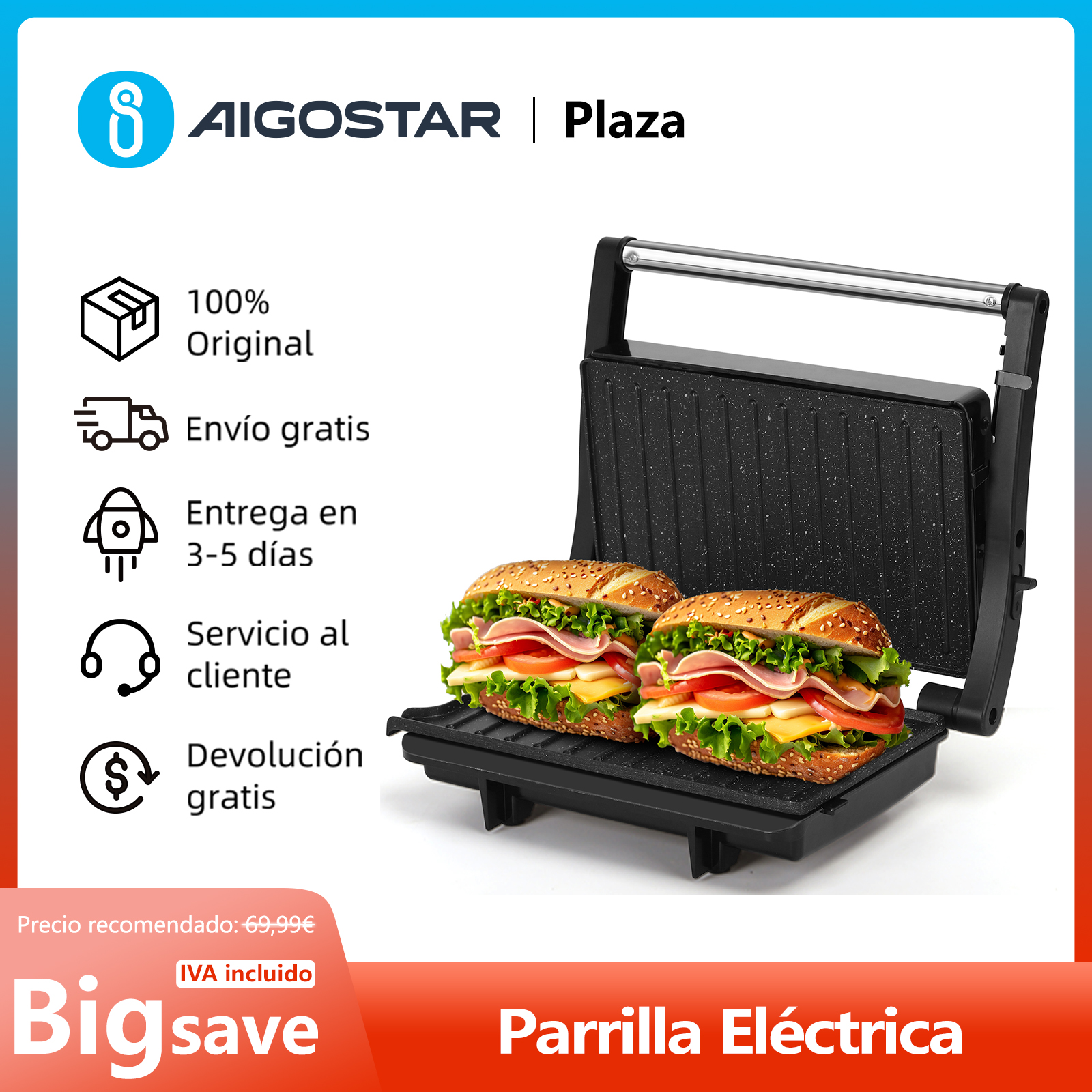 Parrilla Eléctrica, Máquina de Panini y Sandwichera, 180º, Antiadherente, Libre de BPA, 1000W