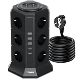TOPREK Regletas Enchufes Vertical con 2 Interruptor, 12 Schuko, 2 USB C y 3 USB A, 4000W/16A