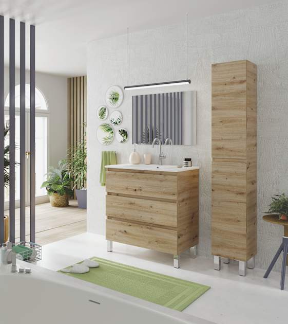 Conjunto Mueble De Bano Y Lavabo Thea Color Roble 80X45Cm